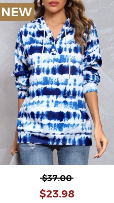 Blue Pocket Tie Dye Print Long Sleeve Hoodie