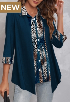 Dark Blue Asymmetric Hem Shirt Collar Blouse