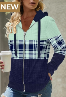 Multi Color Zipper Tartan Print Long Sleeve Hoodie