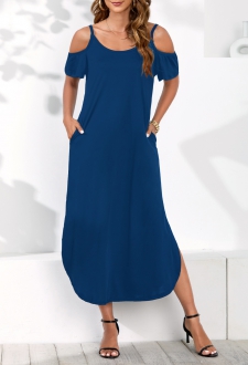 Strappy Cold Shoulder Royal Blue Pockets Dress