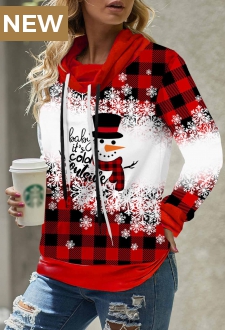 Drawstring Christmas Snowman Print Red Sweatshirt