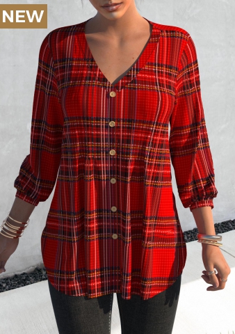 Red Tuck Stitch Tartan Print Blouse