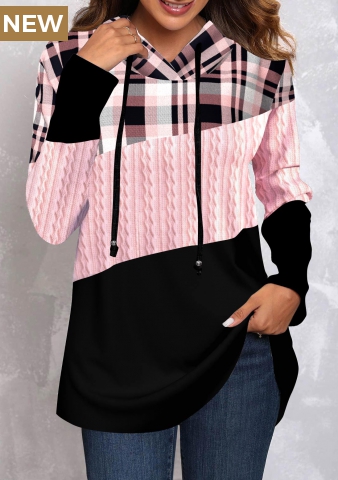 Pink Tartan Print Long Sleeve Hoodie