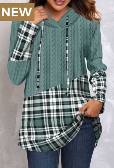 Sage Green Twisted Tartan Print Drawstring Hoodie
