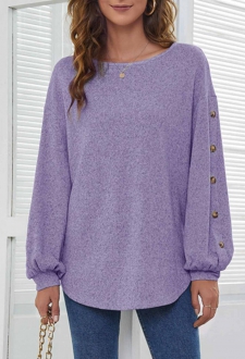 Decorative Button Long Sleeve Purple T Shirt