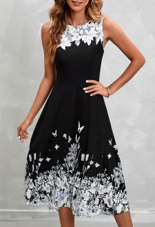 Black Floral Print Sleeveless High Waist Dress