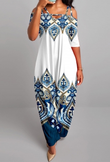 White Tribal Print Half Sleeve Jumpsuit