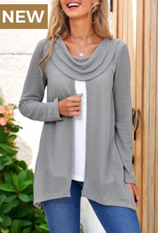 Cowl Neck Contrast Faux Two Piece Grey Sweatshirt