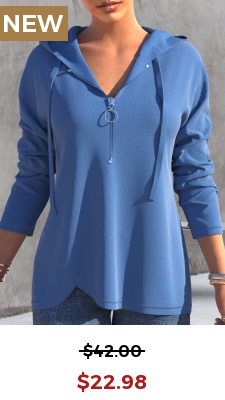 Dusty Blue Quarter Zip Drawstring Long Sleeve Hoodie
