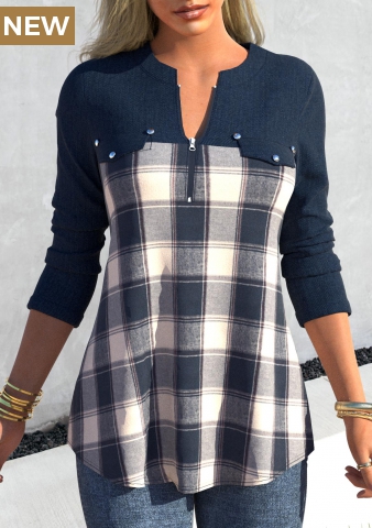 Denim Blue Zipper Tartan Print Long Sleeve Blouse