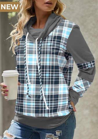 Light Blue Tartan Print Long Sleeve Sweatshirt