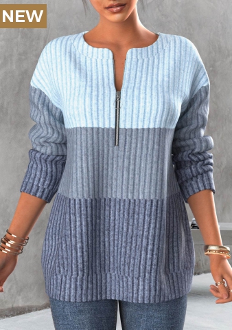 Light Blue Zipper Contrast Long Sleeve Sweatshirt