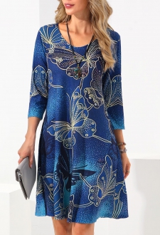 Blue Butterfly Print 3/4 Sleeve Dress