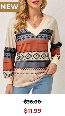 Tribal Print Long Sleeve V Neck T Shirt