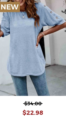 Decorative Button Light Blue Round Neck T Shirt