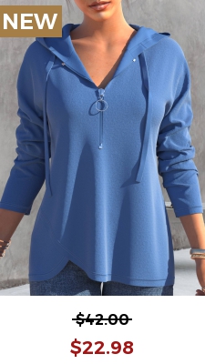 Dusty Blue Quarter Zip Drawstring Long Sleeve Hoodie