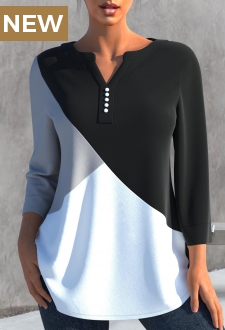 Black Decorative Button Split Neck Blouse