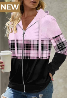 Light Purple Tartan Print Long Sleeve Hoodie