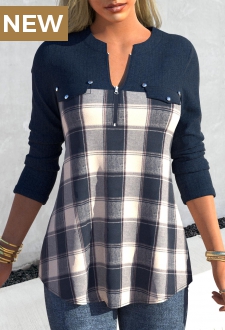 Denim Blue Zipper Tartan Print Long Sleeve Blouse