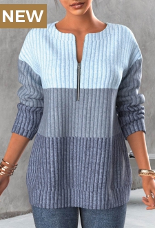 Light Blue Zipper Contrast Long Sleeve Sweatshirt