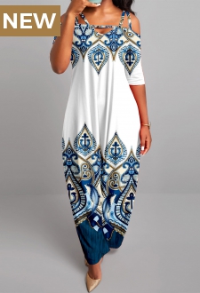White Tribal Print Half Sleeve Jumpsuit