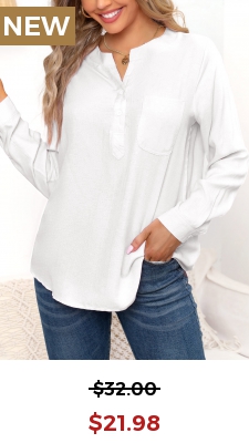 White Pocket Long Sleeve Split Neck Blouse