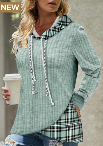 Light Green Cross Hem Tartan Print Hoodie