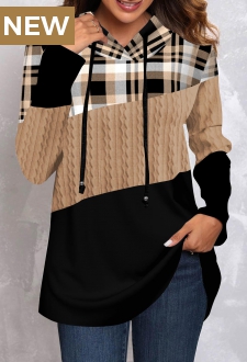 Light Camel Twisted Tartan Print Long Sleeve Hoodie