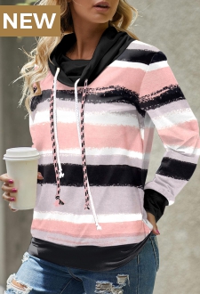 Pink Striped Long Sleeve Cowl Neck Sweatshirt