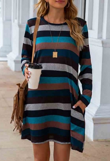 Multi Color Striped Pocket Long Sleeve Dress