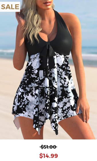 Printed Halter Asymmetric Hem Swimdress and Panty