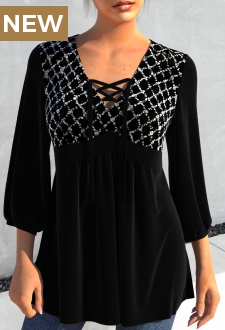 Black Sequin 3/4 Sleeve V Neck Blouse