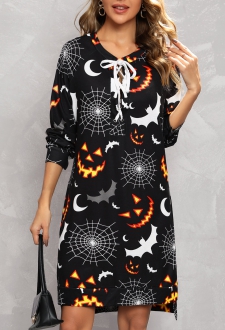 Black Drawstring Closure Halloween Print Short Dress