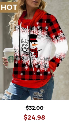 Drawstring Christmas Snowman Print Red Sweatshirt