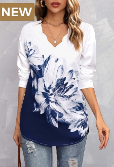 Navy Floral Print Long Sleeve V Neck Blouse