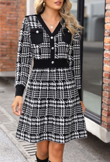 Black Tartan Print Double Pocket Sweater Dress