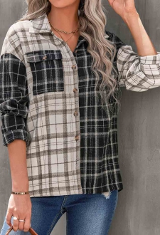 Black Pocket Tartan Print Long Sleeve Blouse