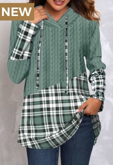 Sage Green Twisted Tartan Print Drawstring Hoodie