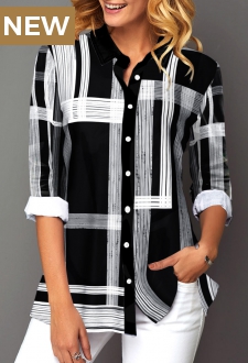 Button Up Turndown Collar Geometric Print Black Blouse