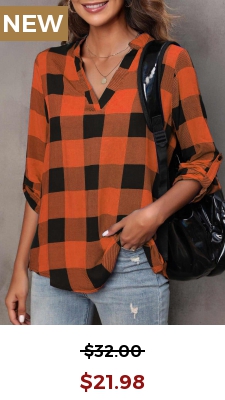 Orange Tartan Print Long Sleeve Split Neck Blouse