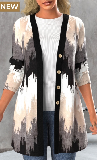 Black Button Geometric Print Long Sleeve Coat