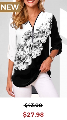 Black Floral Print Contrast Quarter Zip Blouse