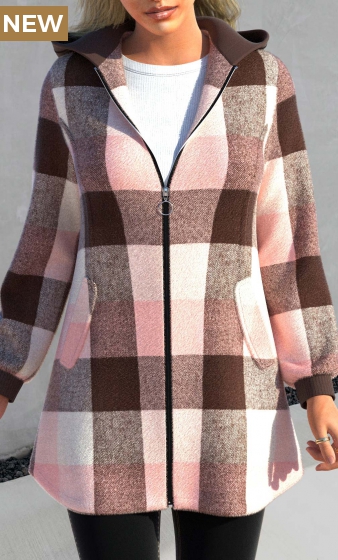 Pink Zipper Tartan Print Long Sleeve Hooded Jacket