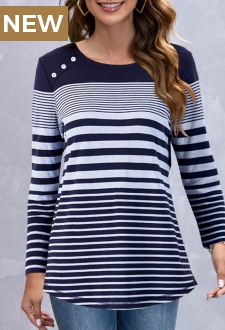 Navy Decorative Button Striped Long Sleeve T Shirt