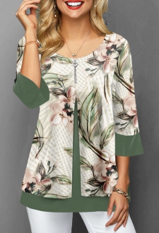 Floral Print Faux Two Piece 3/4 Sleeve Blouse