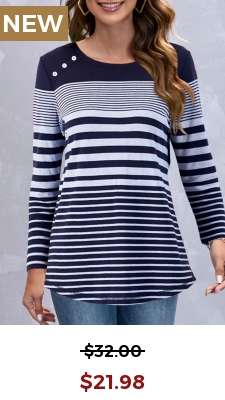 Navy Decorative Button Striped Long Sleeve T Shirt