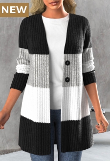 Black Button Contrast Color Long Sleeve Coat