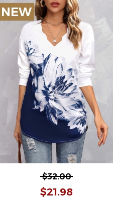 Navy Floral Print Long Sleeve V Neck Blouse