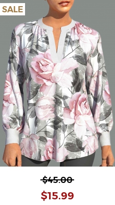 Valentines Rose Print Split Neck White Blouse