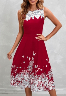 Wine Red Floral Print Sleeveless High Waist Dress